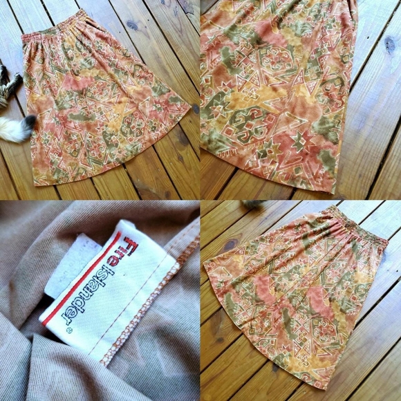 Vintage 80's 90's S/M earthy orange brown green geometric soft midi skirt - Picture 3 of 5
